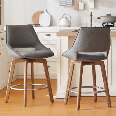 Swivel Counter Height Bar Stools, 27'' Grey-Colored Bar Stools Set of 2, Solid Wood Legs, Comfortable Fabric, Suitable for Kitchen Islands