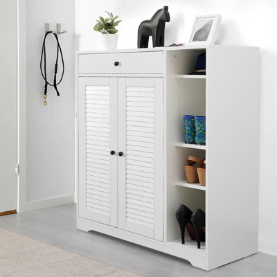 2 Shutter Door Shoe Cabinet - Modern Slim White Rack Organizer Adjustable Storage Shelves & Drawer For Entryway Narrow System Freestanding In Top Solution