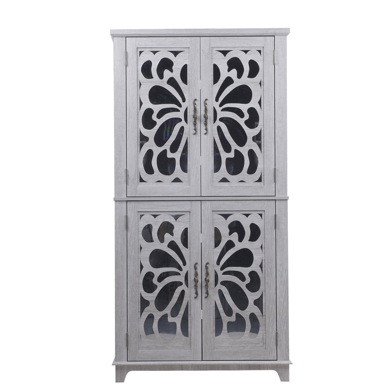 67.4"H 4 Doors Mirrored Doors Accent Storage Cabinet For Corner, Entryway, Living Room, Bedroom, Kitchen With Adjustable Shelves Light Gray Color, Display Cabinet, Bookcase
