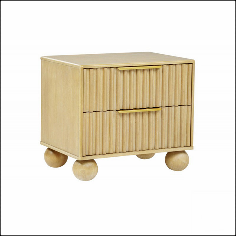 Table de chevet 2 tiroirs Modern avec panneaux cannelés, table de chevet en bois, pieds arrondis et charme naturel