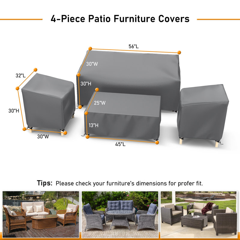Patio Furniture Set Covers for 4 Piece Outdoor Conversation Set, Gray, 31" H x 55" W x 30" D