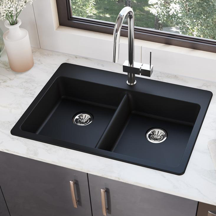 Quartz Classic 33" x 22" x 5-1/2" Double Basin Drop-In Kitchen Sink, Black