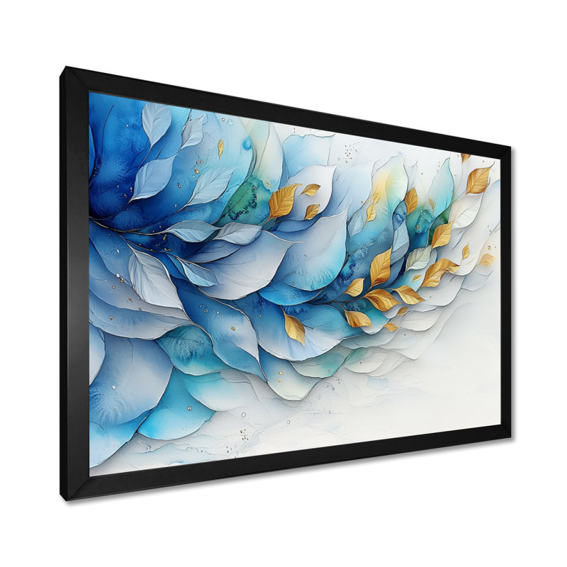 Blue White Delicate Flower Petals I - Ferns Wall Art Decor, 12" H x 20" W, Single Picture Framed Print, Black