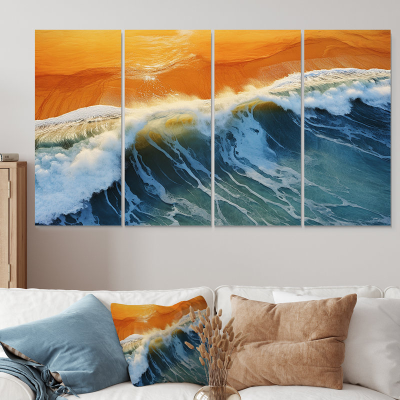 Bleu et orange plage vue aérienne V - plage côtière, art mural 4 pièces, H 28 po x l 48 po