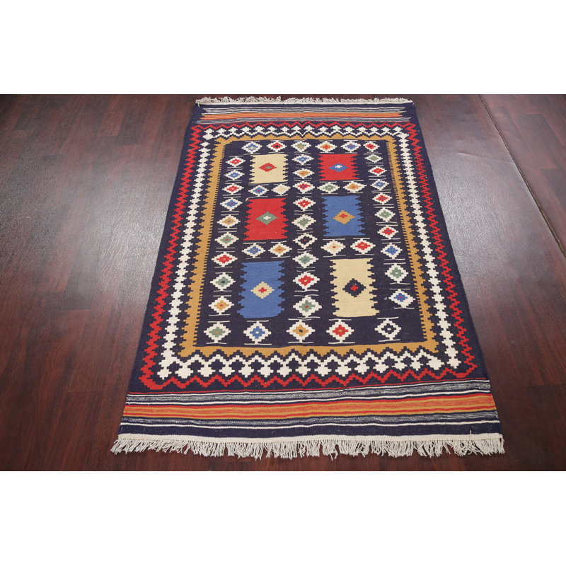 Tapis décoratif en laine de conception unique noué à la main bleu marine/rouge/jaune 3 pi 1 po x 5 pi 1 po