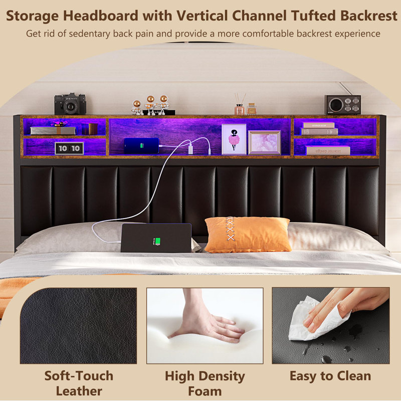 Full Size Black Upholstered Platform Bed with Storage and LED Lights