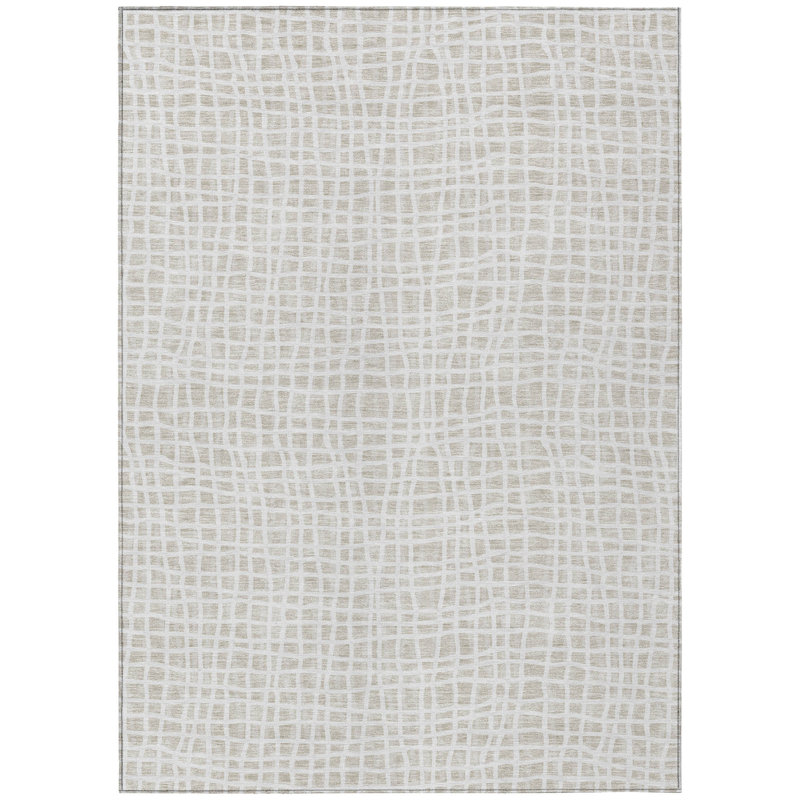 10' X 14' Ivory And Beige Striped Washable Indoor Outdoor Area Rug