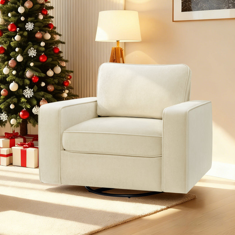 36.2" Wide Upholstered Swivel Accent Armchair, Beige