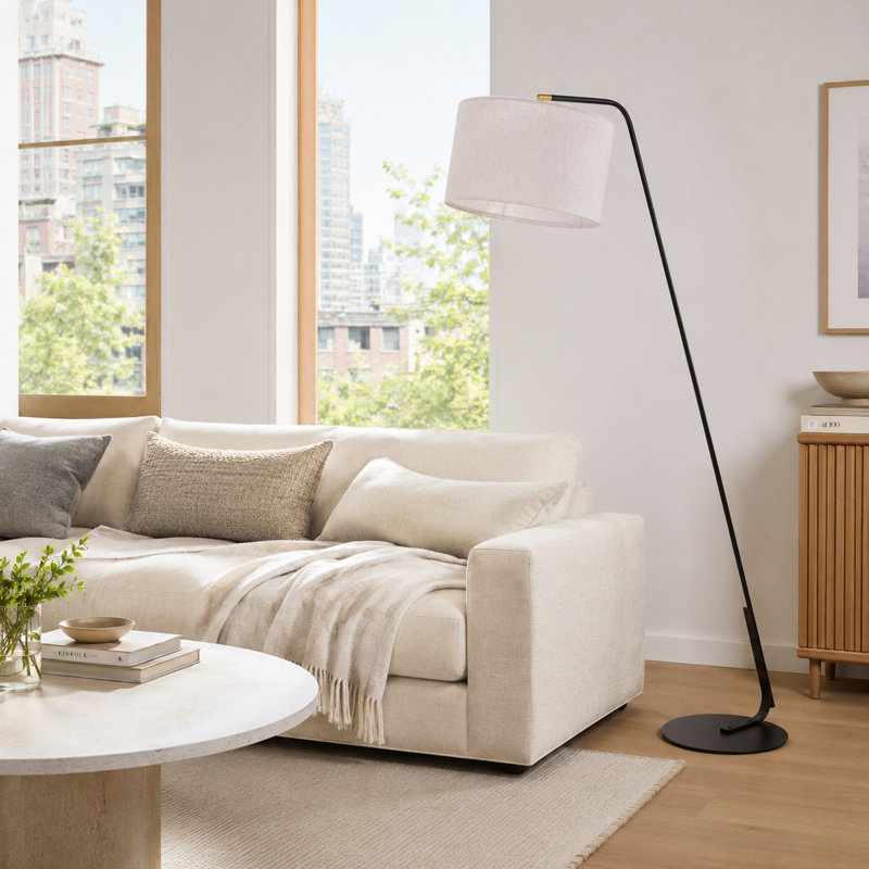 Matt Black Arced Floor Lamp with Fabric Shade