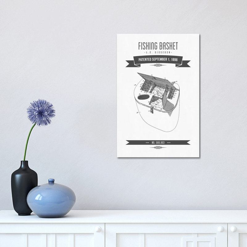 L.E. Gieshen Fishing Basket Patent Sketch Retro (Charcoal) by Aged Pixel - Wrapped Canvas Print, 30.48 cm H x 45.72 cm W