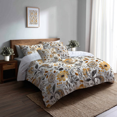 Country Farmhouse Bedding Set of 6 - Brown Neutral Bloom Paisley With Shams And Throw Pillows