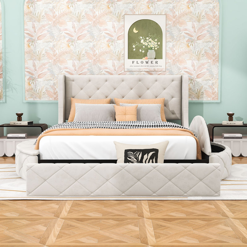 Grand lit plateforme tapissier en velours avec tête de lit à oreilles et rangement spacieux, Beige