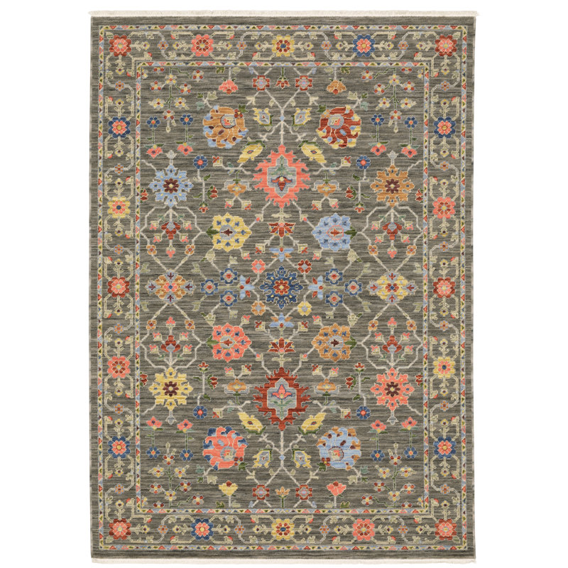 Oriental Machine Woven Gray/Pink Wool and Nylon Blend Area Rug, Rectangle 6'7" x 9'6"
