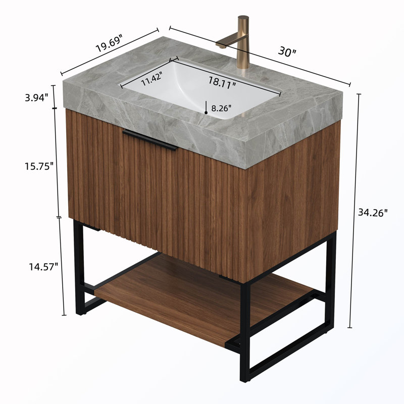Armoire de rangement autoportante rayée avec tiroir et lavabo, Gris, 30", Noyer foncé