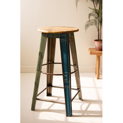 Kalalou Recycled Metal Bar Stool with Wooden Top – 30" Tall