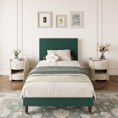 Base de lit plateforme tapissier, tête de lit en tissu et lattes en bois