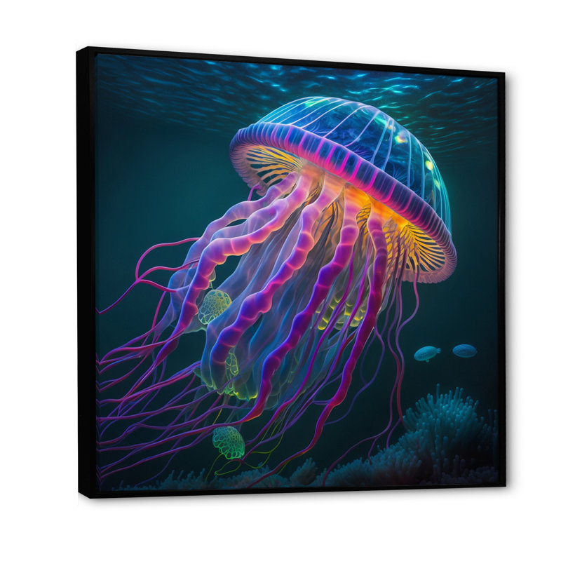 Radiant coloré méduse de mer profonde I, H 16 po x l 16 po, Cadre flottant noir