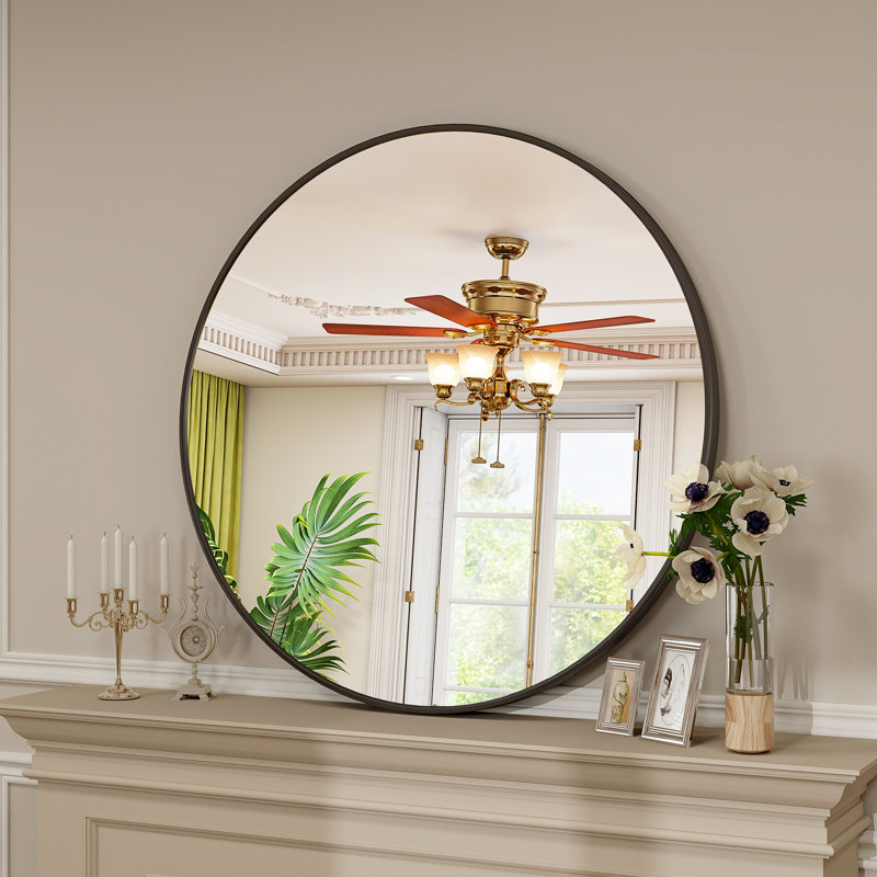 Miroir mural rond en aluminium Bhage, 36 po x 36 po, Noir
