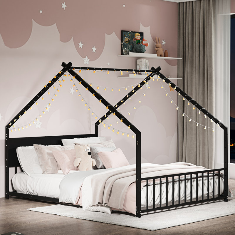 Lit House - cadre en métal noir pour lattes, lumières, sans sommier, Lit double