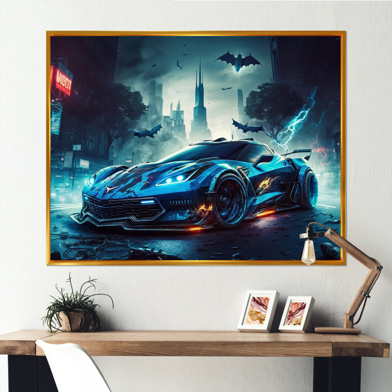 «Blue Car Exotic Car» bleu et noir - Impressions sur toile, Encadrement doré, H 34 po x l 44 po x P 1,5 po