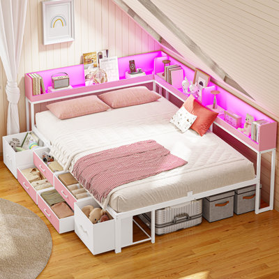 Full Daybed with 6 Drawers LED Corner Bed with Bookcase & Charging Station Metal Platform Bed Frame for Bedroom, Guest Room, Pink