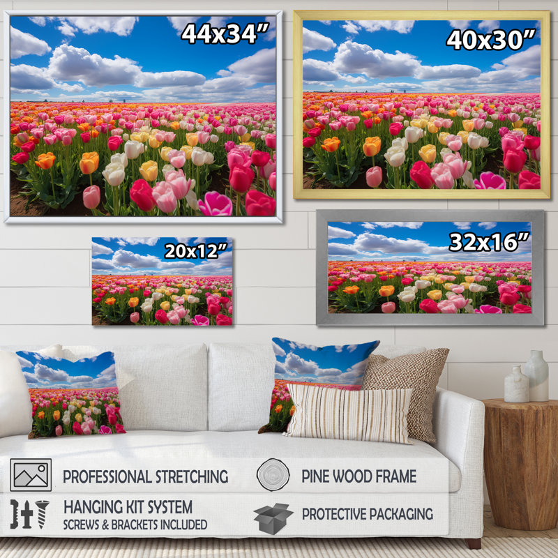 Rose et jaune champ de tulipes - tulipe, art mural, Toile tendue, H 30 po x l 40 po x P 1,5 po