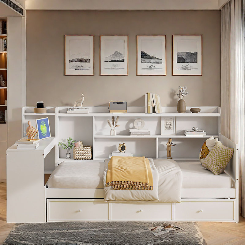 Wooden Daybed With 3 Drawers, Usb Ports And Desk, Twin, White