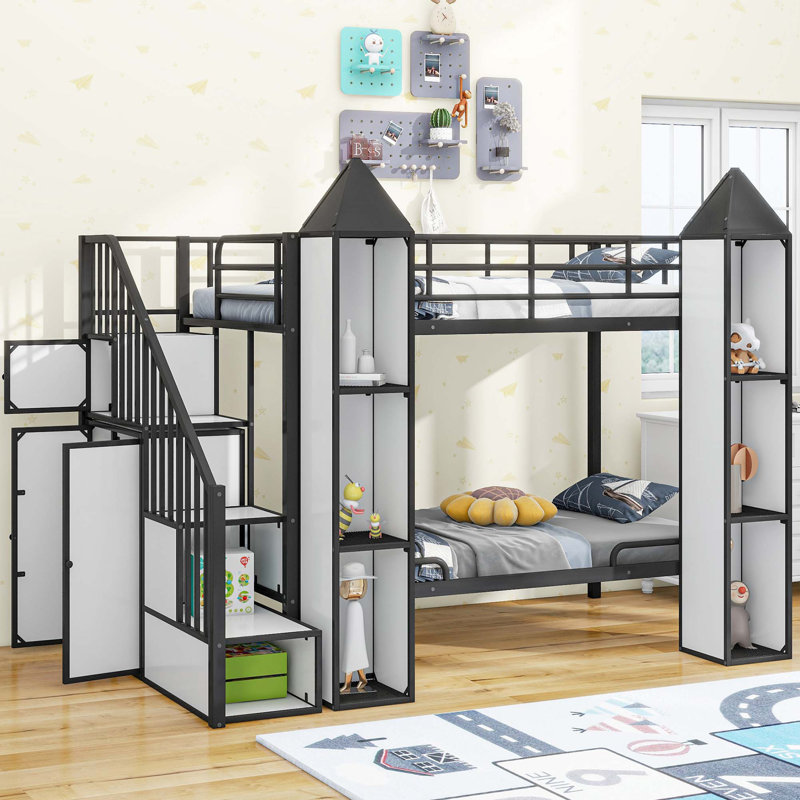 Lit superposé en métal en forme de château avec garde-robe et rangement multiple, Blanc / noir