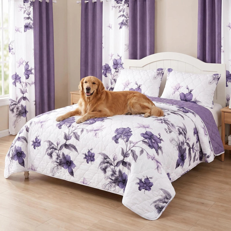 9-Piece Lavender Floral Quilted Bedspread and Curtain Set with 6 Independent Light-Filtering Panels, QUEEN