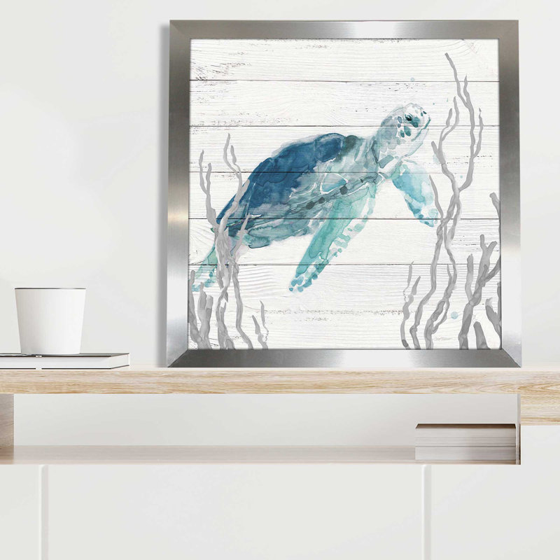 «Aqua Turtle I» par Carol Robinson - Peinture, L 31,5 po x H 31,5 po, Encadrement argenté