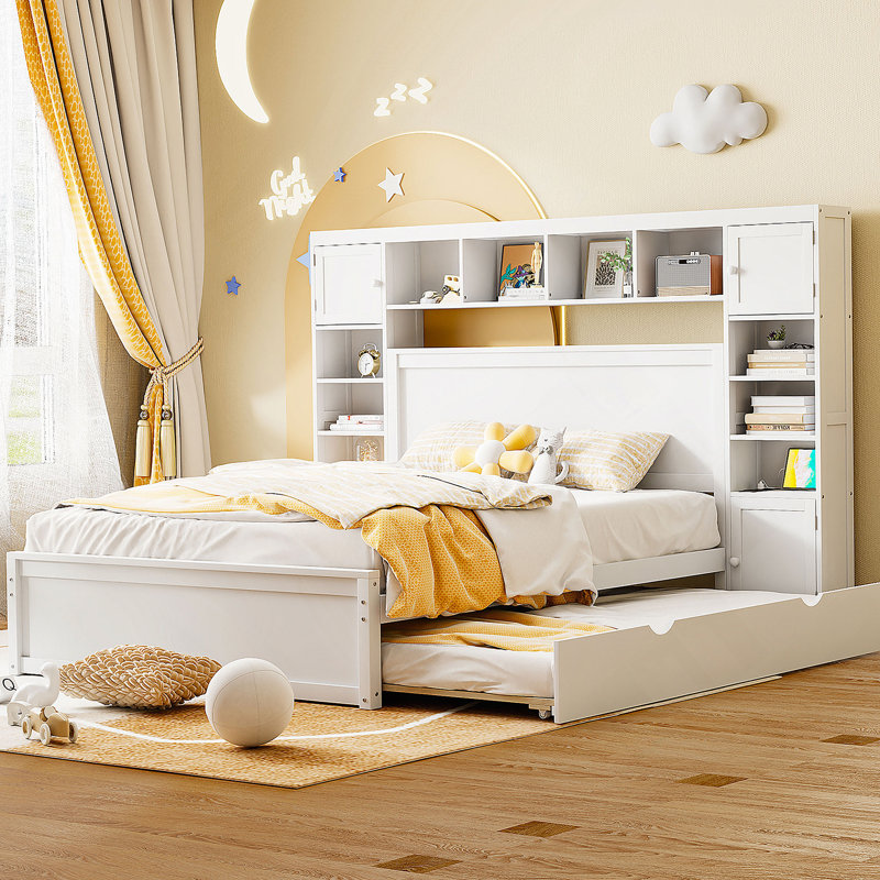 Grand lit en bois luxueux avec armoire, tablette et prises intégrées pour une organisation et un confort améliorés, Blanc