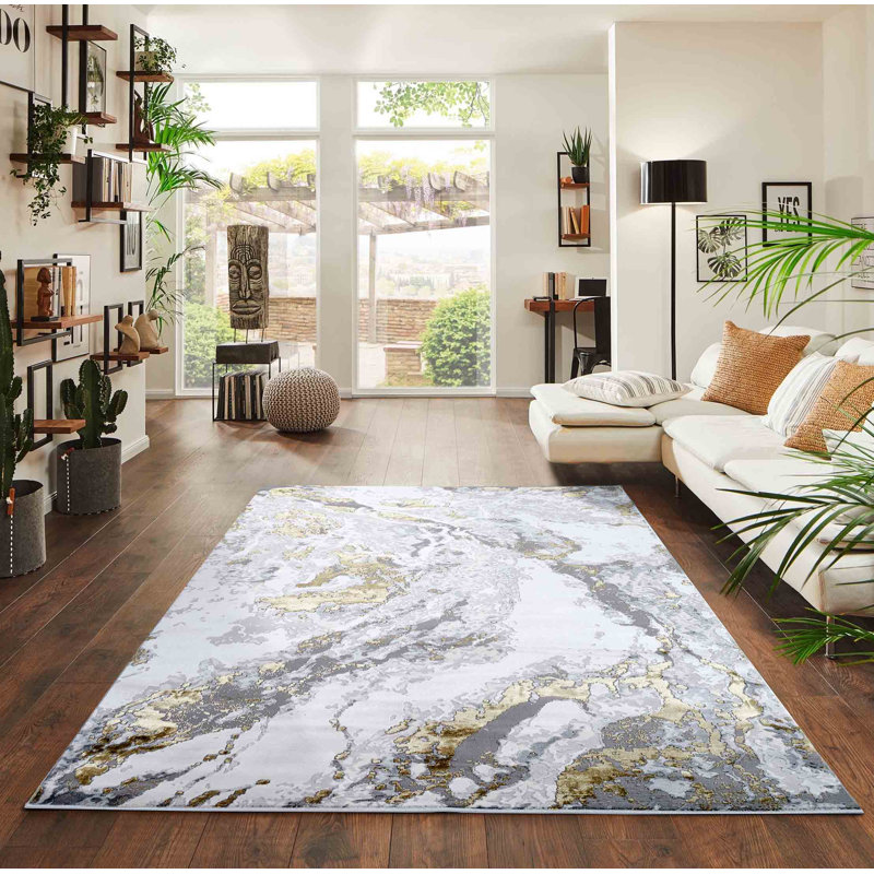 Kulas Abstract Power Loom Gold Area Rug, Rectangle 120 x 170cm
