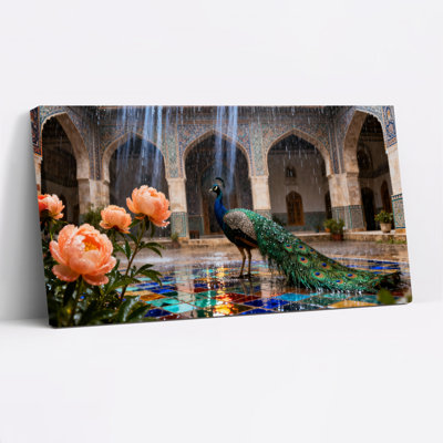 Peacock And Roses In Persian Courtyard Canvas Wrapped Wall Art Set Of 1
