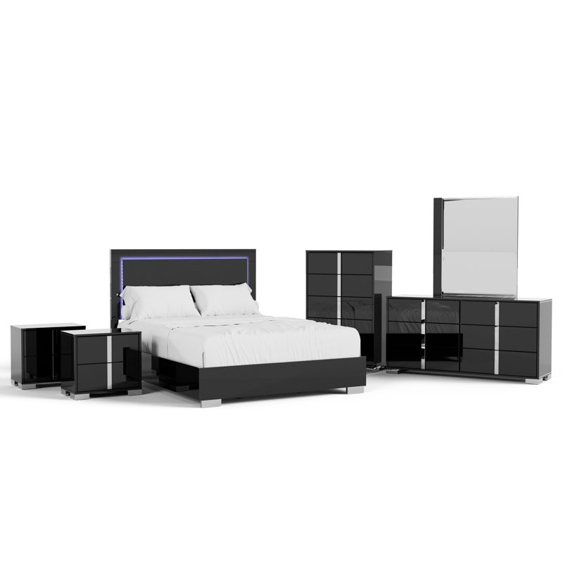 Ensemble de chambre Duckworth, Black, Très grand, 6 Pcs: Bed, 2 Nightstands, 2 Dressers, Mirror