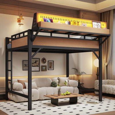 Structure de lit mezzanine avec tablettes de rangement et panneau perforé, lit mezzanine en métal avec ports USB et lumières DEL, sécuritaire et robuste