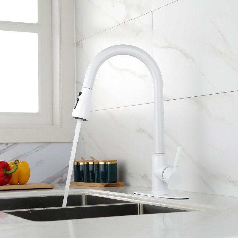Modern White Kitchen Faucet With Stainless Steel, Pull Out Spray Functionality For Convenience, 360 Rotating Nozzle, Two Water Output Settings, Simple And Easy Single Control Function, Convenient