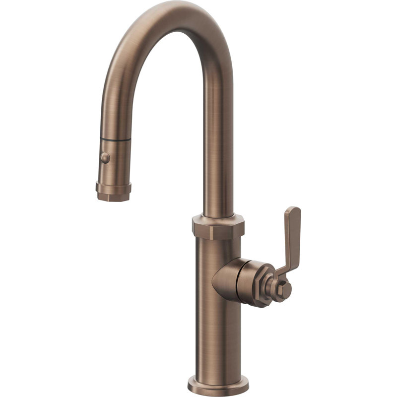 Pull-Down Prep/Bar Faucet With Button Sprayer, Polished Brass