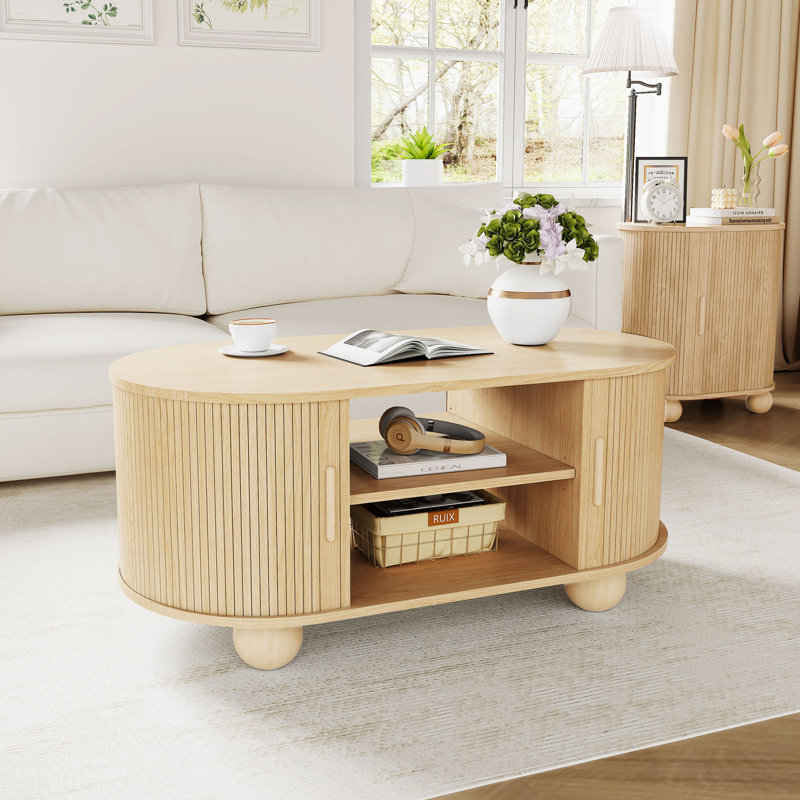Table basse simple cannelée ovale avec rangement 39,37 po, Naturel