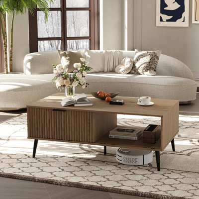 Coffee Table With Storage,Rectangular Wooden Coffee Table With Sliding Door And Solid Wood Legs