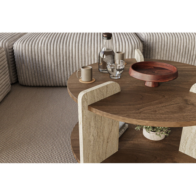 Calderon Modern Coffee Table with Walnut and Travertine Finish, 27.6 x 17.7 x 27.6 inches | 100% Melamine Coated Chipboard, Stylish Marble Design | Disassembled for Easy Assembly, Perfect for Contemporary Living Rooms