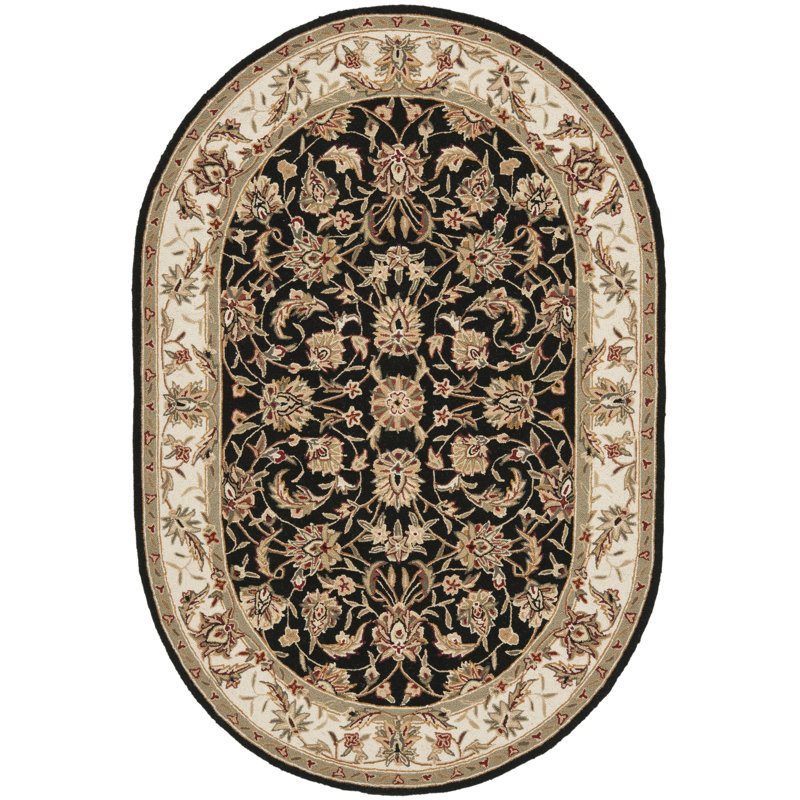 Helena Oriental Hand Hooked Wool Green/Black Area Rug, Oval 7'6" x 9'6"