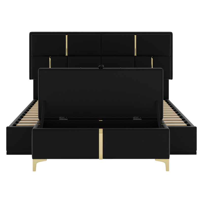 Lit plateforme tapissier avec système de rangement hydraulique, repose-pieds avec pieds en métal