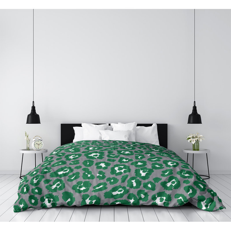 Housse de couette simple à imprimé léopard, Housse de couette pour très grand lit, Gris/vert, Polyester brossé