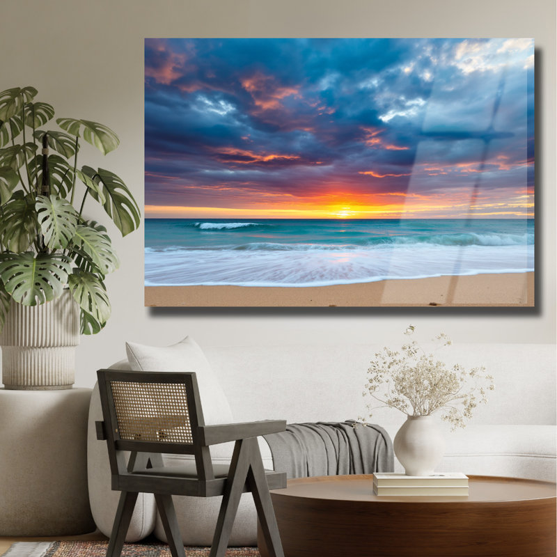 Plage, coucher de soleil, verre trempé, art mural de style naturel, H 8 po x l 12 po