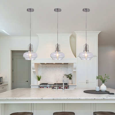 Industrial Glass Pendant Light, Modern Clear Glass Shade Hanging Light Fixtures with Brushed Nickel Finish, Adjustable Farmhouse Mini Pendant Lighting for Kitchen Island, Dining Room, Cafe, E26 Base