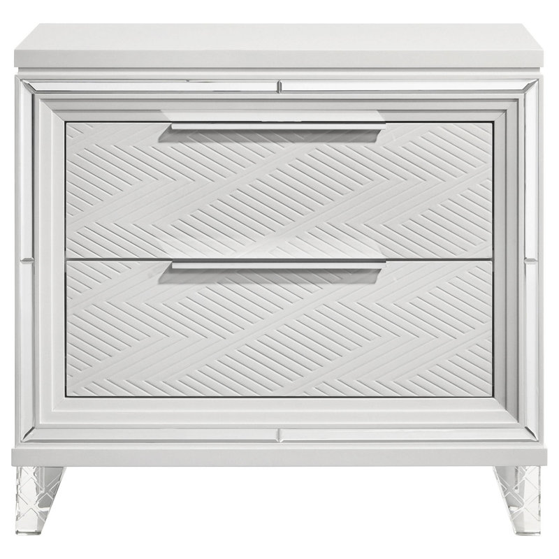 Mory Nightstand, 2 Drawers, Embossed Herringbone Pattern White, Chrome