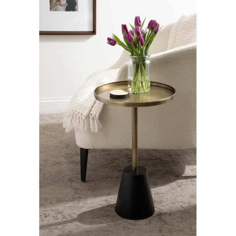 Lodia Round Wood and Metal End Table, Gold, Black