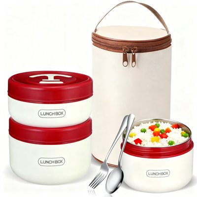 Portable Insulated Lunch Container Set For Adults, Stackable Stainless Steel Bento Box With Insulated Bag, 3 Pcs (Red)
