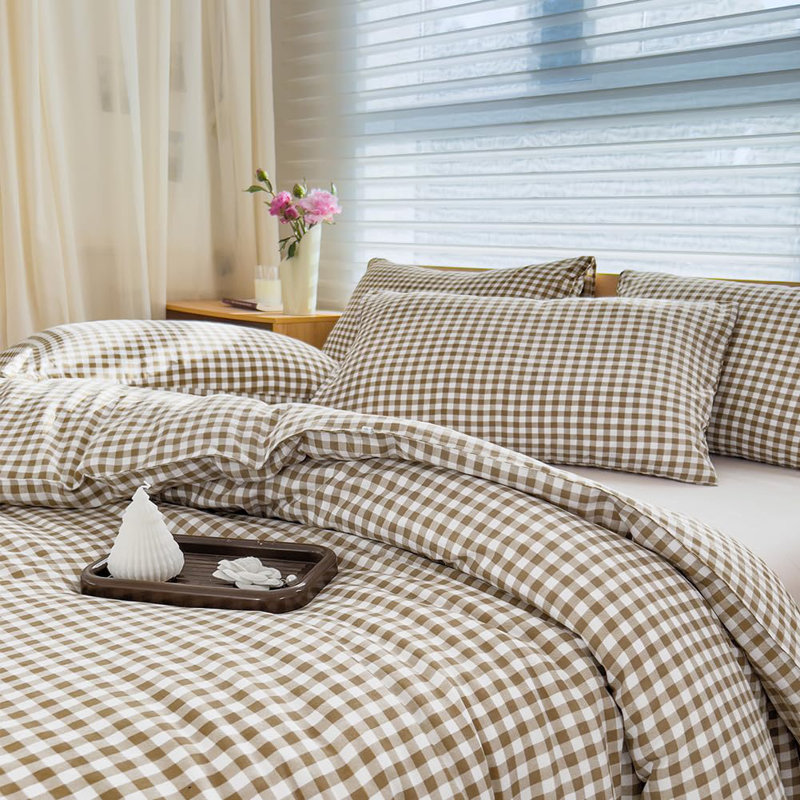 Ensemble d'édredon en microfibre prélavée Gingham, Vichy écossais brun clair, Édredon simple + 1 taie d'oreiller