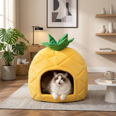 Self-Warming Kitty Cave Hut for Indoor Cats, Yellow, Pineapple Shaped Cat Bed